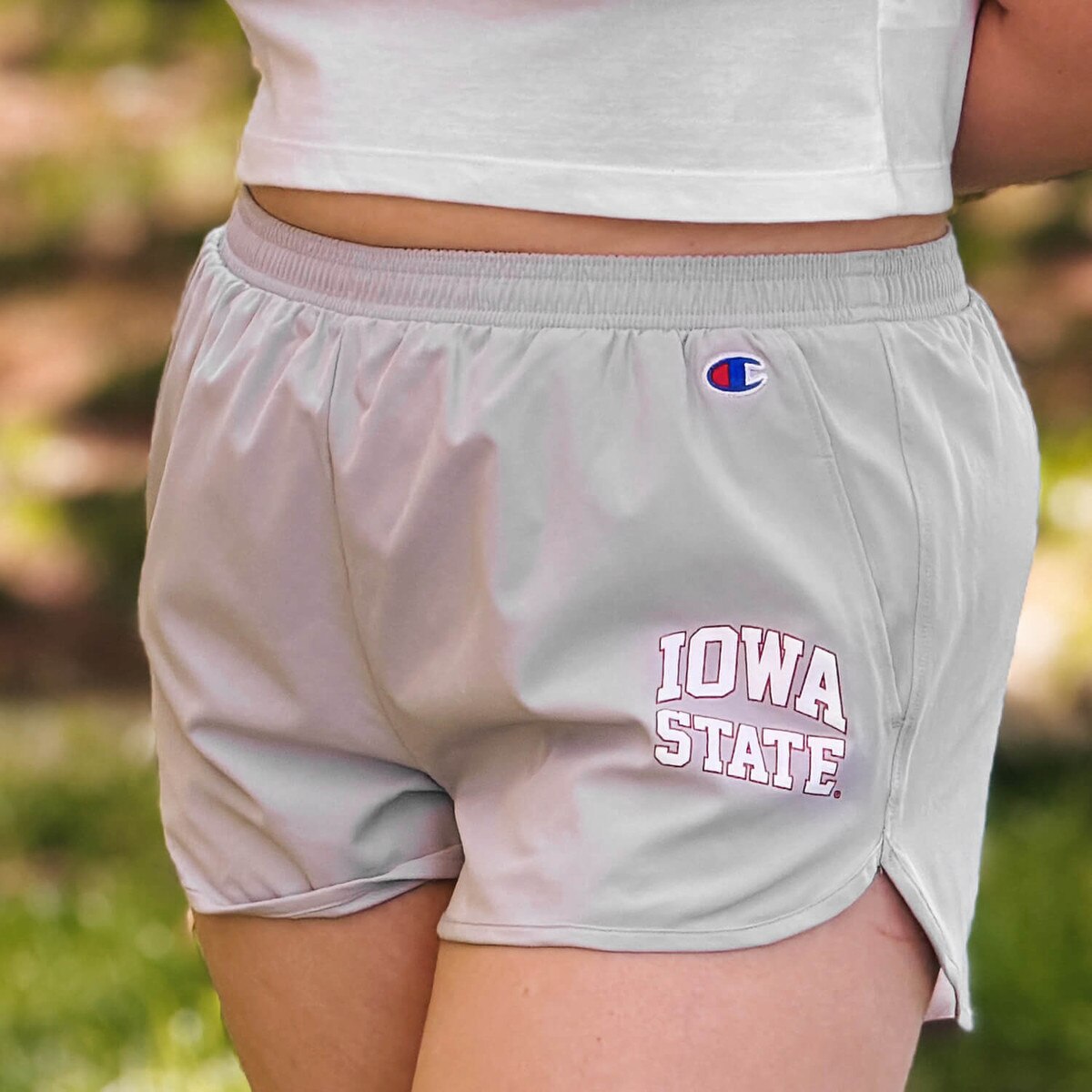 Champion Women's Iowa State Arched Gray Woven Shorts design close up